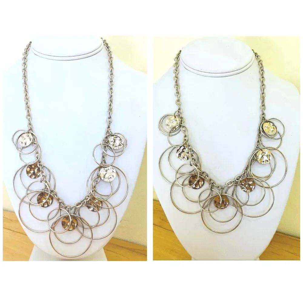 Vtg Hammered Disc Circle Retro Statement Necklace Link Chain Modernist
